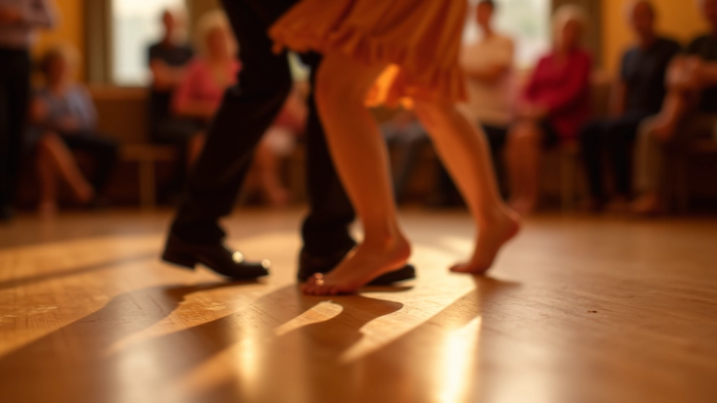 Close-up of dance partners' feet during a salsa turn in a community hall with polished wooden floor
