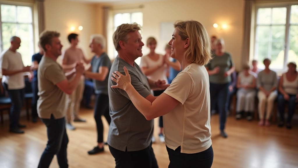 Group of beginner dancers in a kizomba workshop, practicing in pairs with instructor guidance