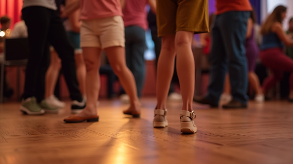 Close-up of dancers' feet moving together at a social event