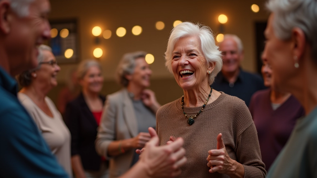 Seniors socializing and smiling together at a dance community event