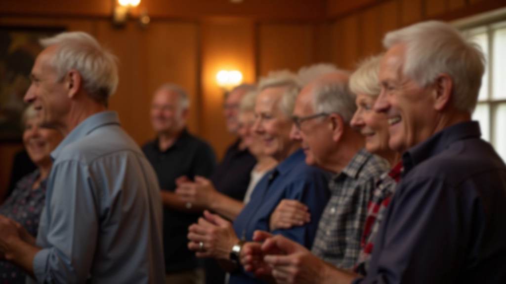 Group of senior people aged 60+ dancing together in a bright community hall with wooden floors