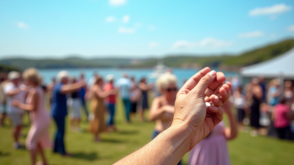 Outdoor summer dance festival in Wexford with senior participants dancing under clear sky near coastal setting