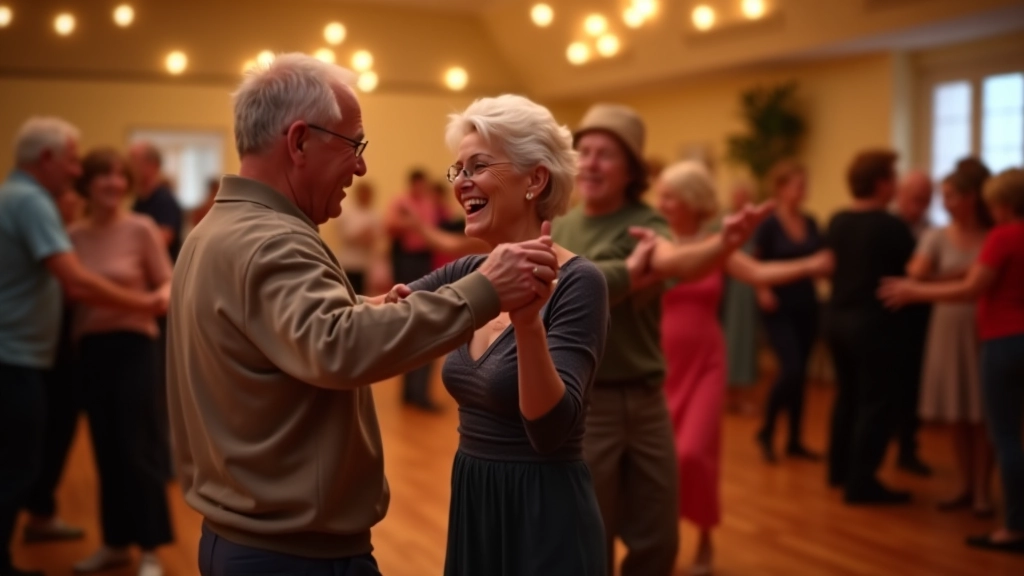 Senior dancers enjoying a salsa social event in an Irish community hall with warm lighting and wooden floors