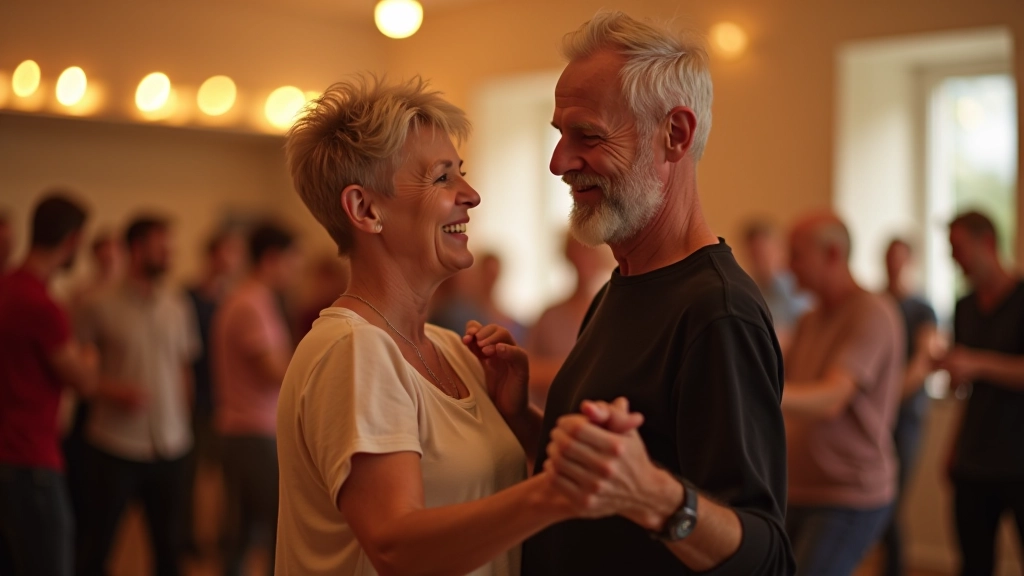 Two dance partners smiling at each other during a lesson, showing genuine connection and enjoyment