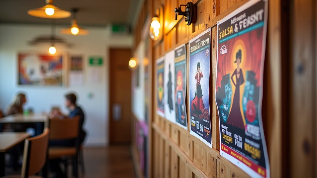 Vibrant salsa event posters and flyers displayed in a community space