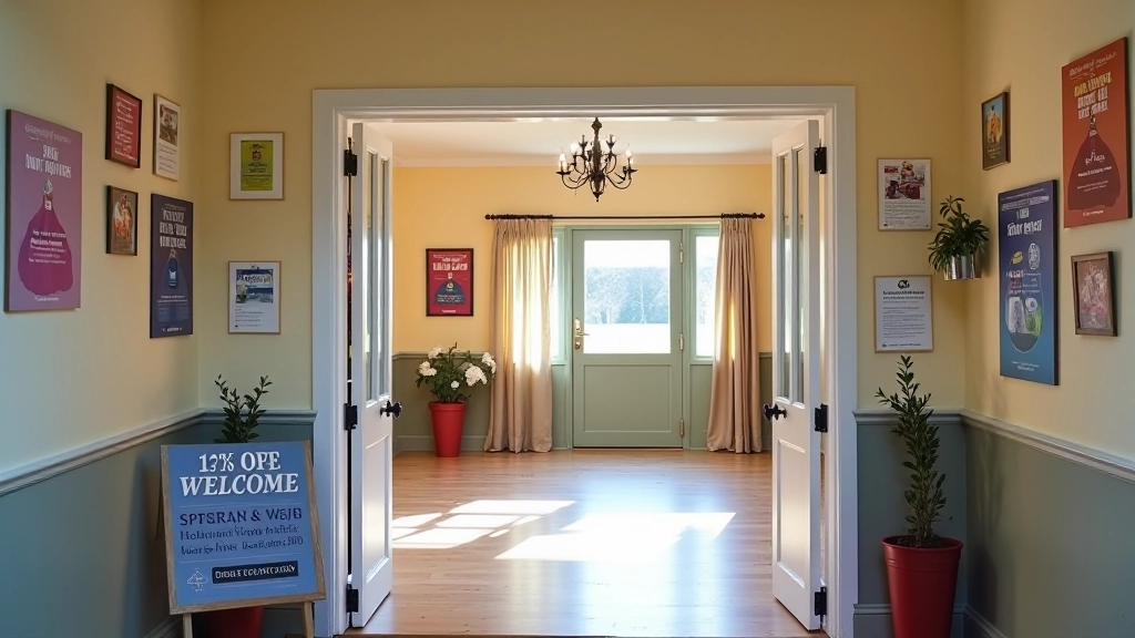 Welcoming community hall entrance decorated with colorful dance event posters and welcome sign